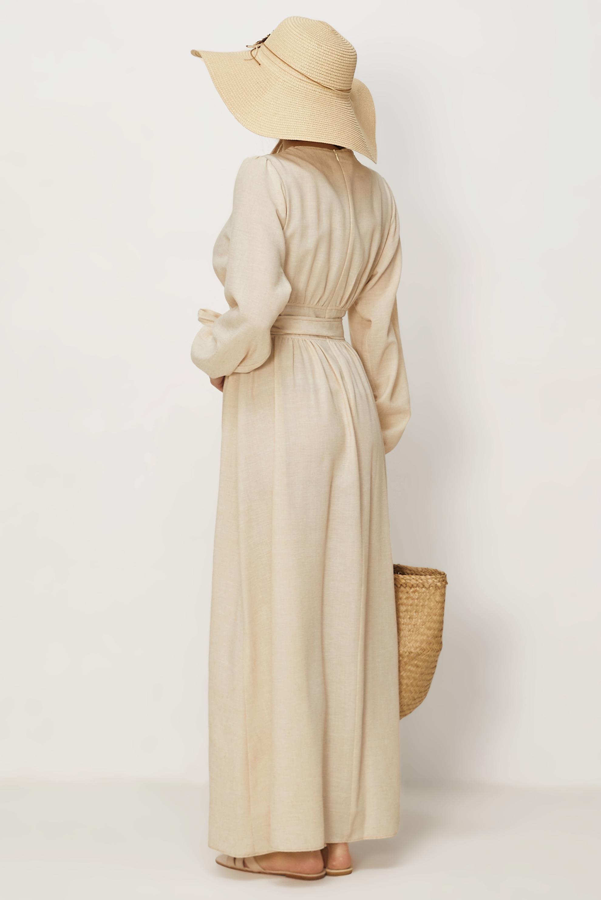 Hijab-Kleidung BEIGE LEINENKLEID MIT GÜRTEL 46314