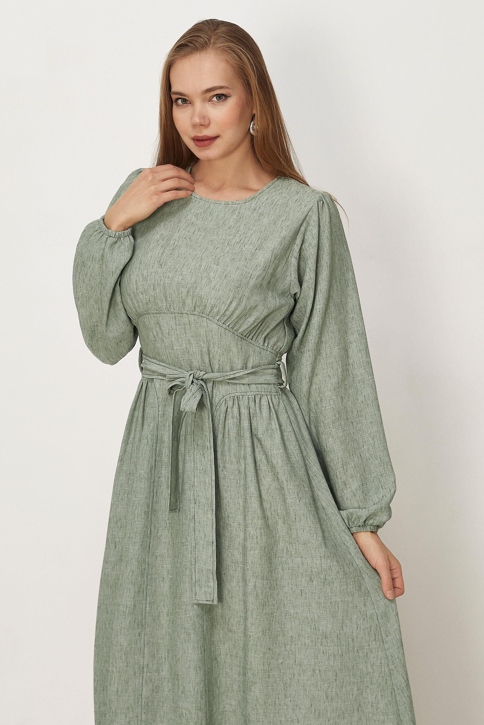 Hijab-Kleidung KHAKI LEINENKLEID MIT GÜRTEL 46314