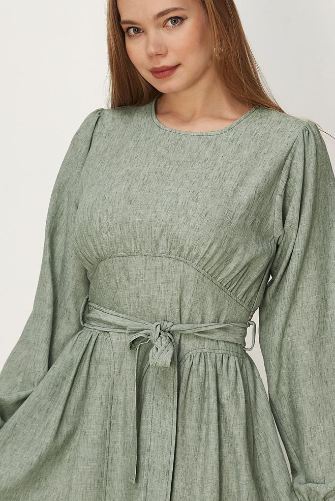 Hijab-Kleidung KHAKI LEINENKLEID MIT GÜRTEL 46314 - ALVİNA