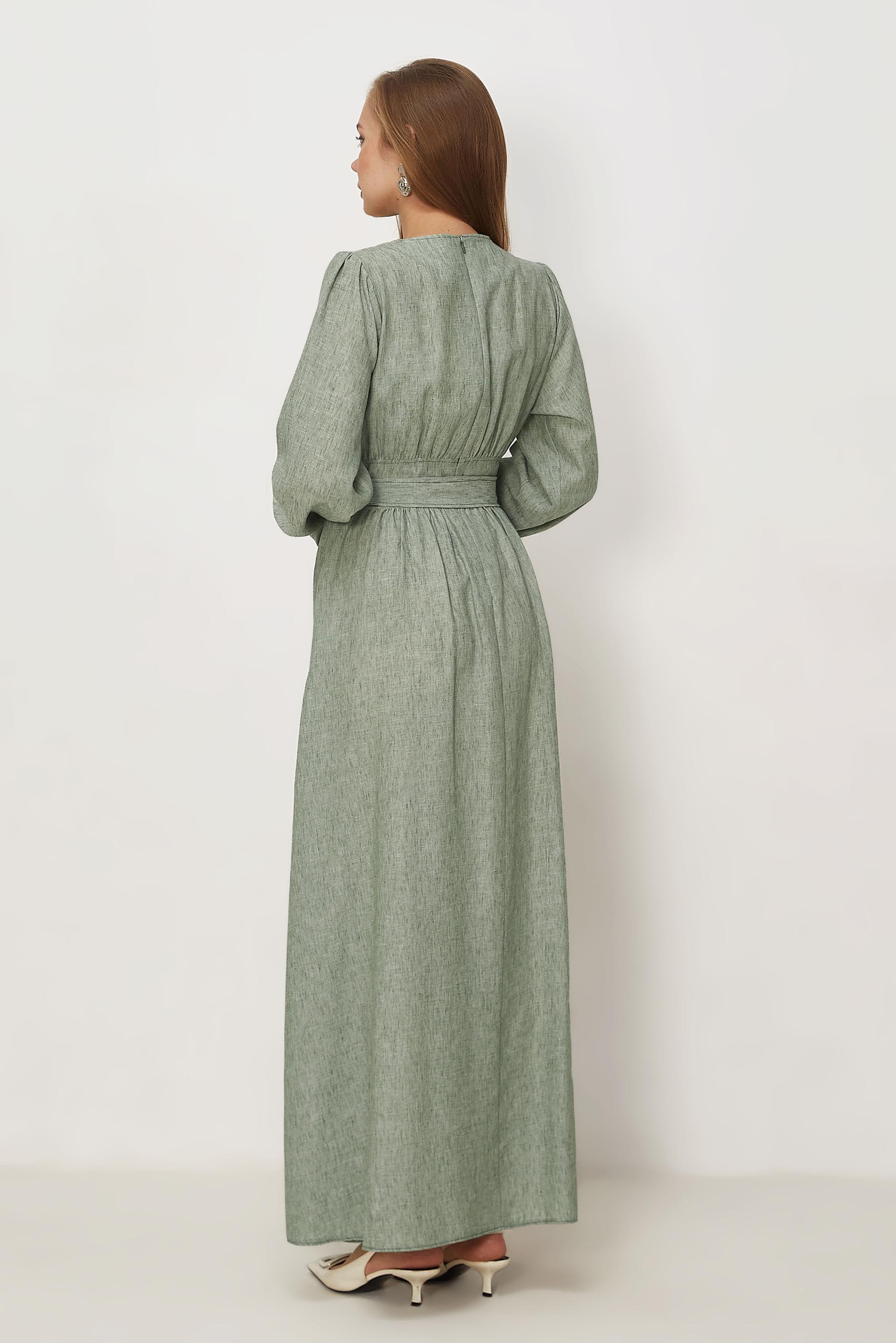 Hijab-Kleidung KHAKI LEINENKLEID MIT GÜRTEL 46314