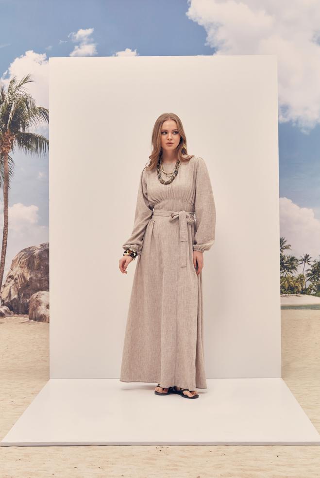 Hijab-Kleidung NERZ LEINENKLEID MIT GÜRTEL 46314 - ALVİNA