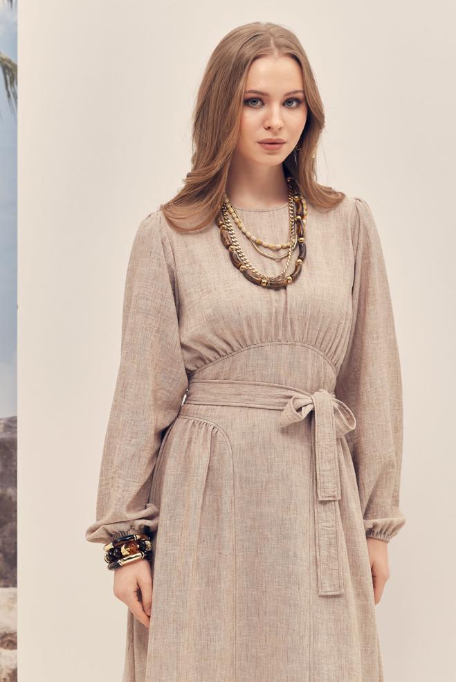 Hijab-Kleidung NERZ LEINENKLEID MIT GÜRTEL 46314 - ALVİNA