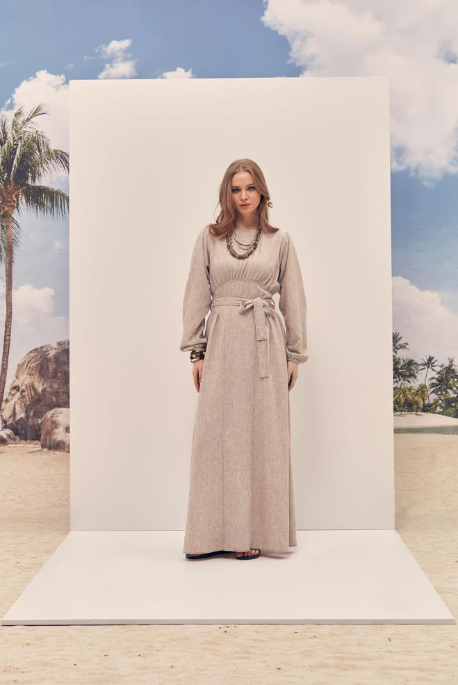 Hijab-Kleidung NERZ LEINENKLEID MIT GÜRTEL 46314 - ALVİNA