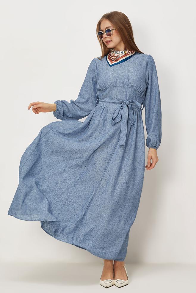 Hijab-Kleidung NAVY BLAU LEINENKLEID MIT GÜRTEL 46314 - ALVİNA