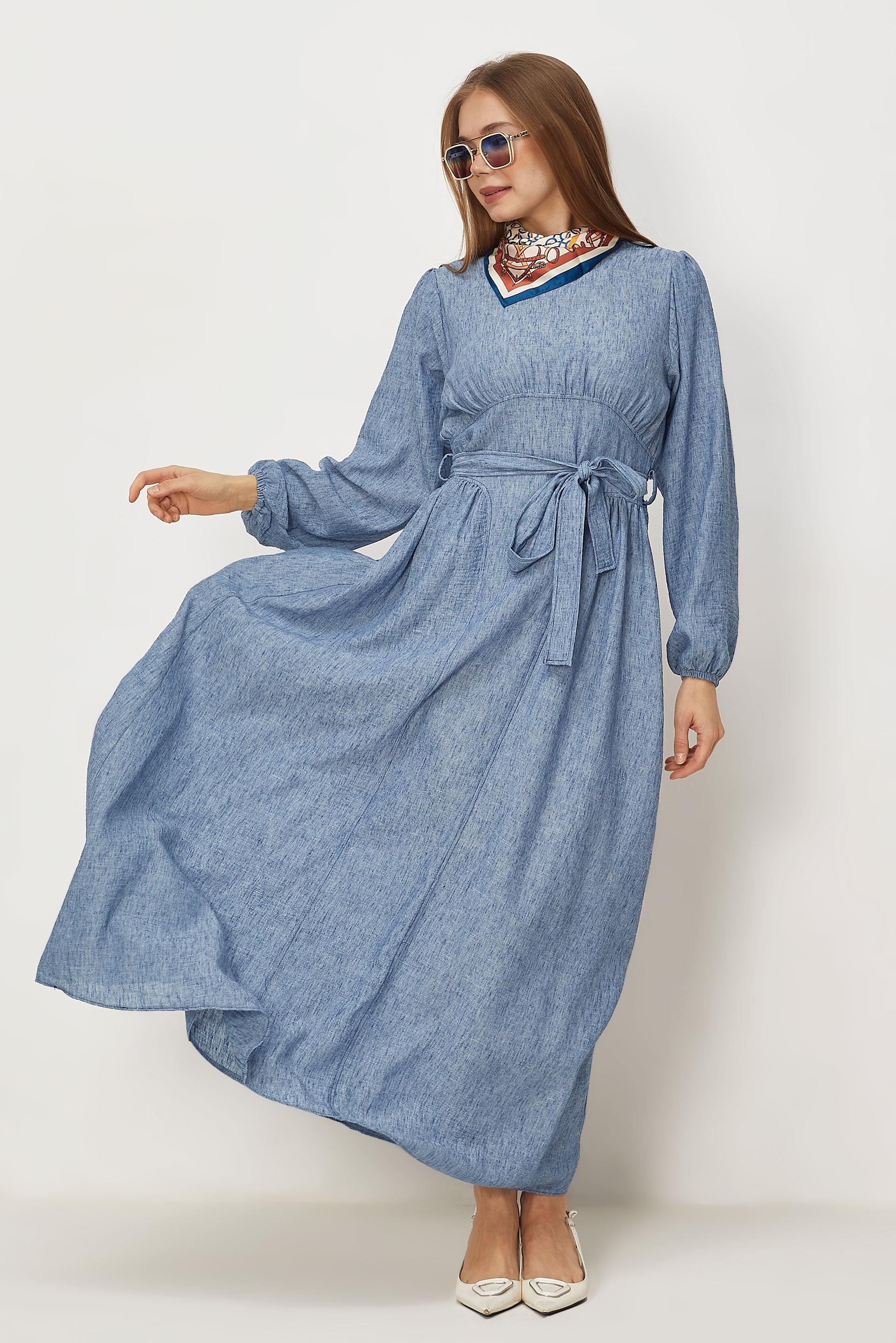 Hijab-Kleidung NAVY BLAU LEINENKLEID MIT GÜRTEL 46314