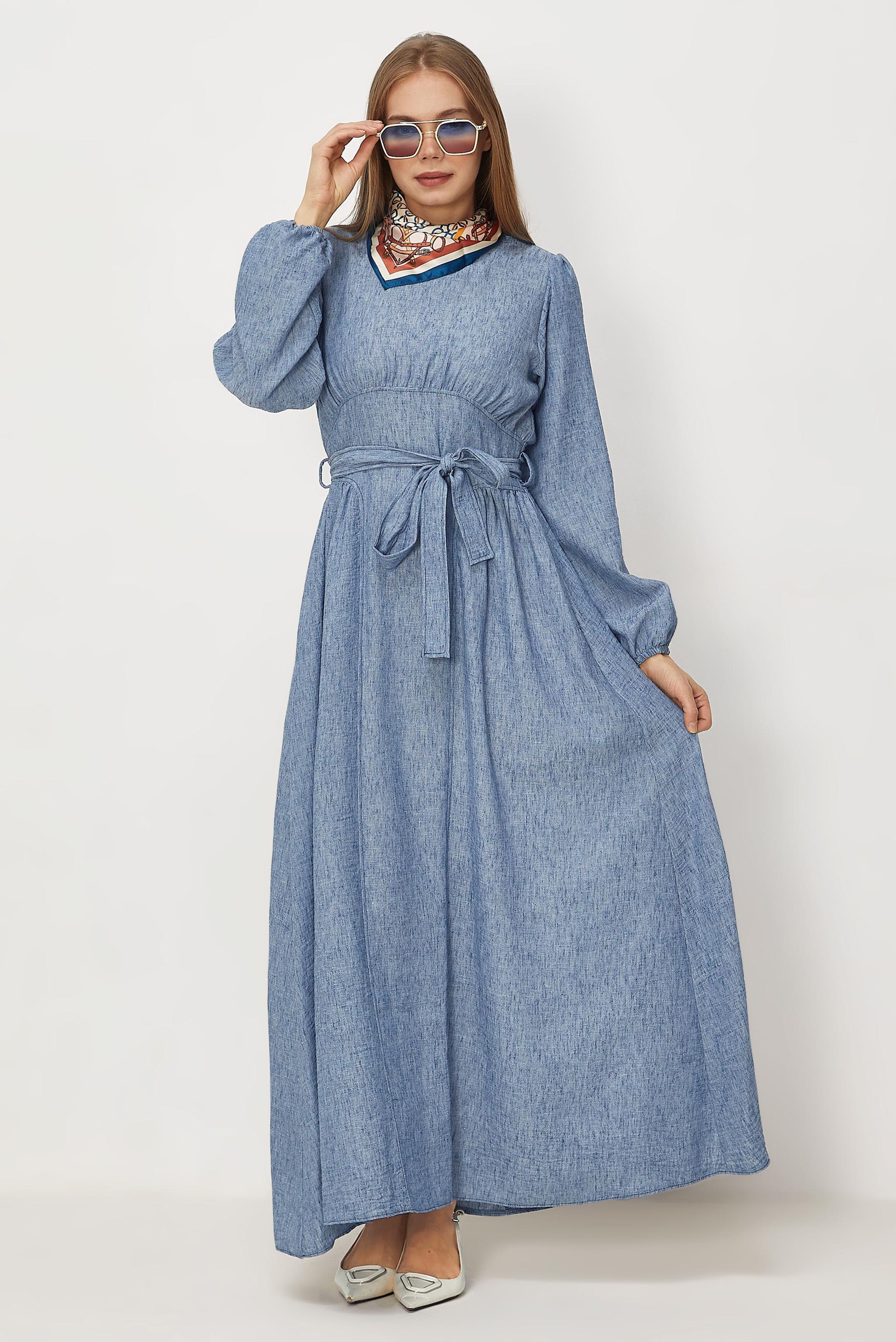 Hijab-Kleidung NAVY BLAU LEINENKLEID MIT GÜRTEL 46314