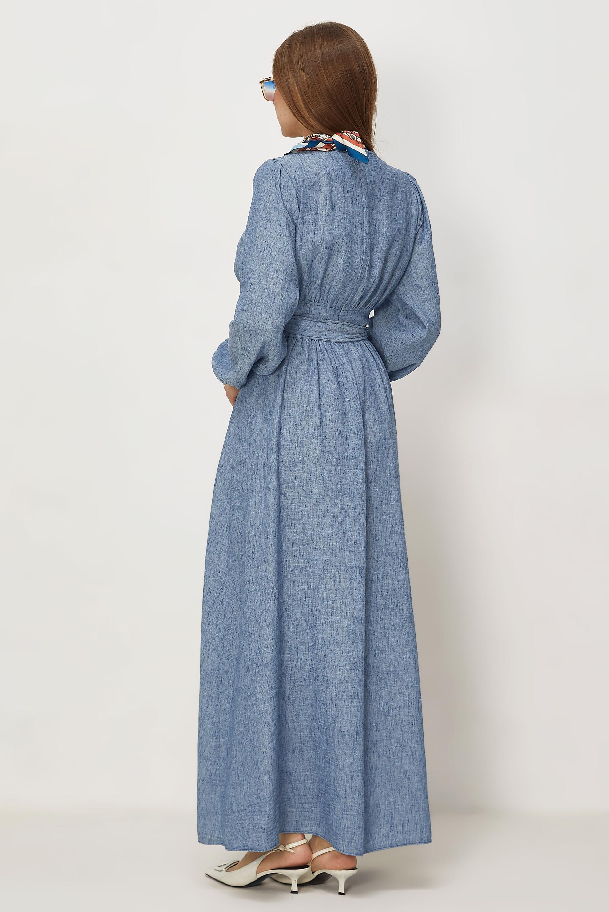 Hijab-Kleidung NAVY BLAU LEINENKLEID MIT GÜRTEL 46314