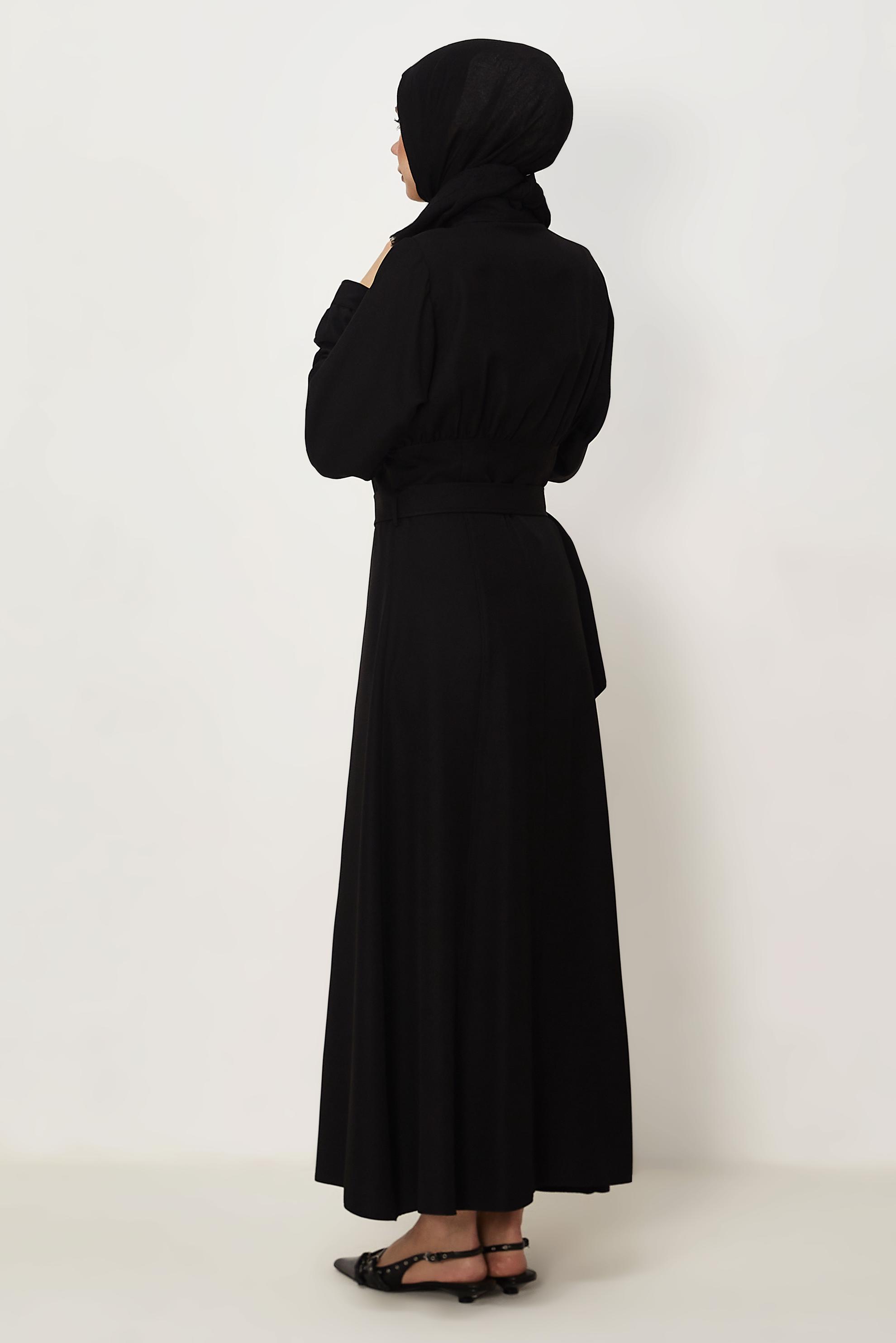 Tesettür giyim SİYAH KEMERLİ KETEN EFEKTLİ ELBİSE 46324