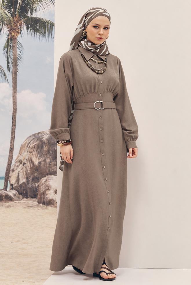 Hijab clothing MINK BELTED LINEN TEXTURED DRESS 46324 - ALVİNA