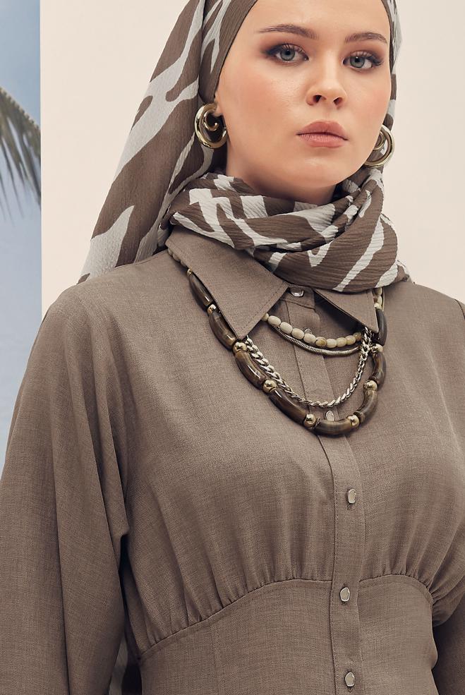 Hijab clothing MINK BELTED LINEN TEXTURED DRESS 46324 - ALVİNA