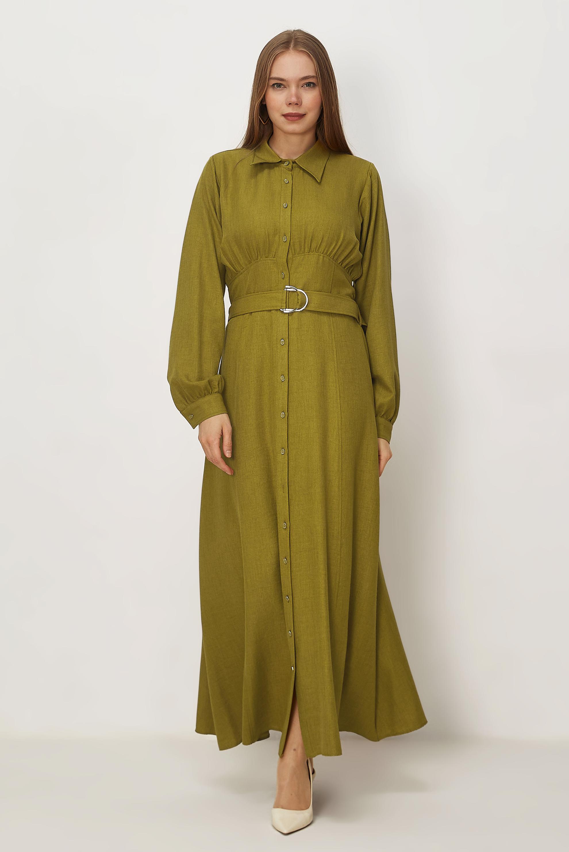 Hijab clothing BEIGE BELTED LINEN TEXTURED DRESS 46324