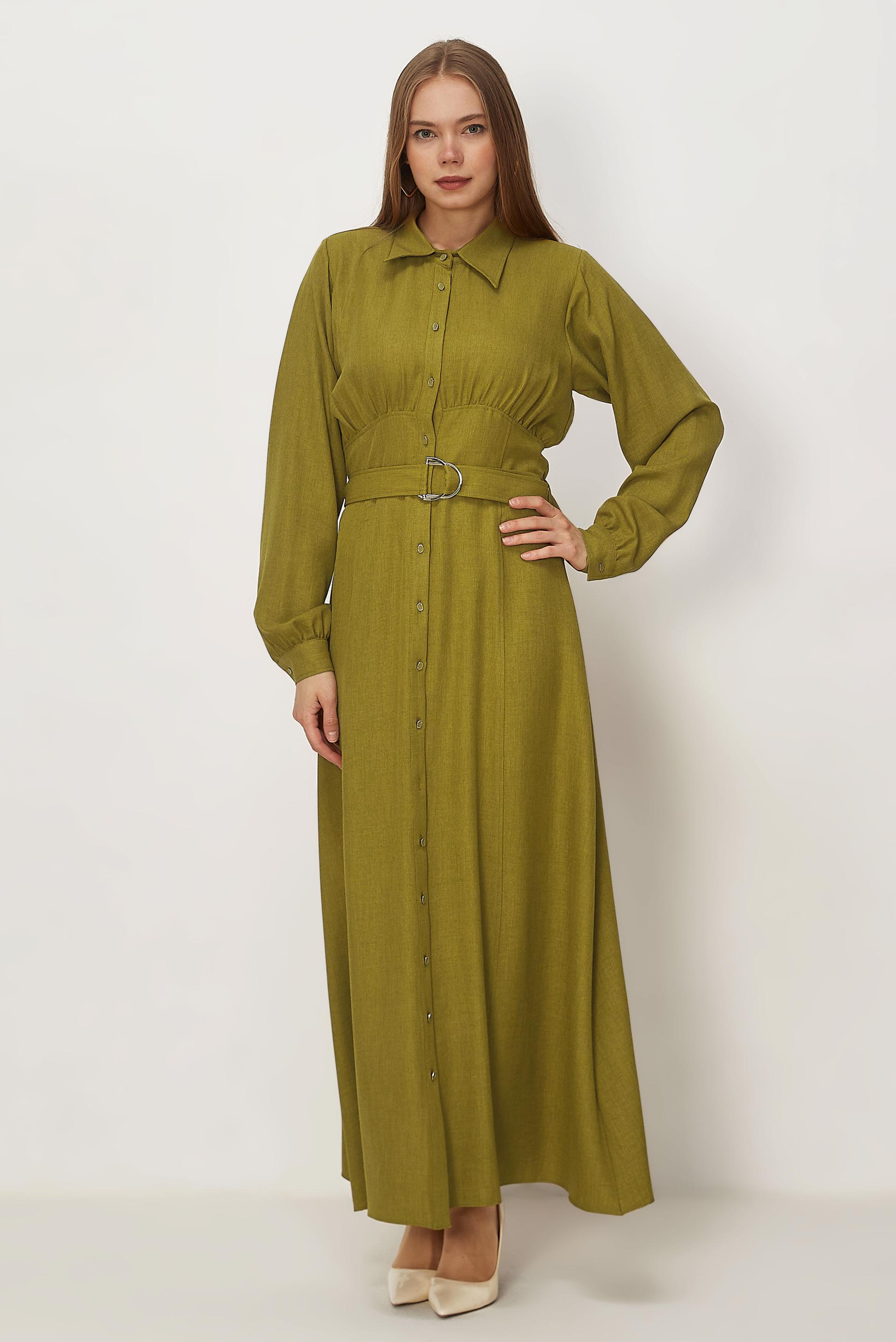 Hijab clothing BEIGE BELTED LINEN TEXTURED DRESS 46324