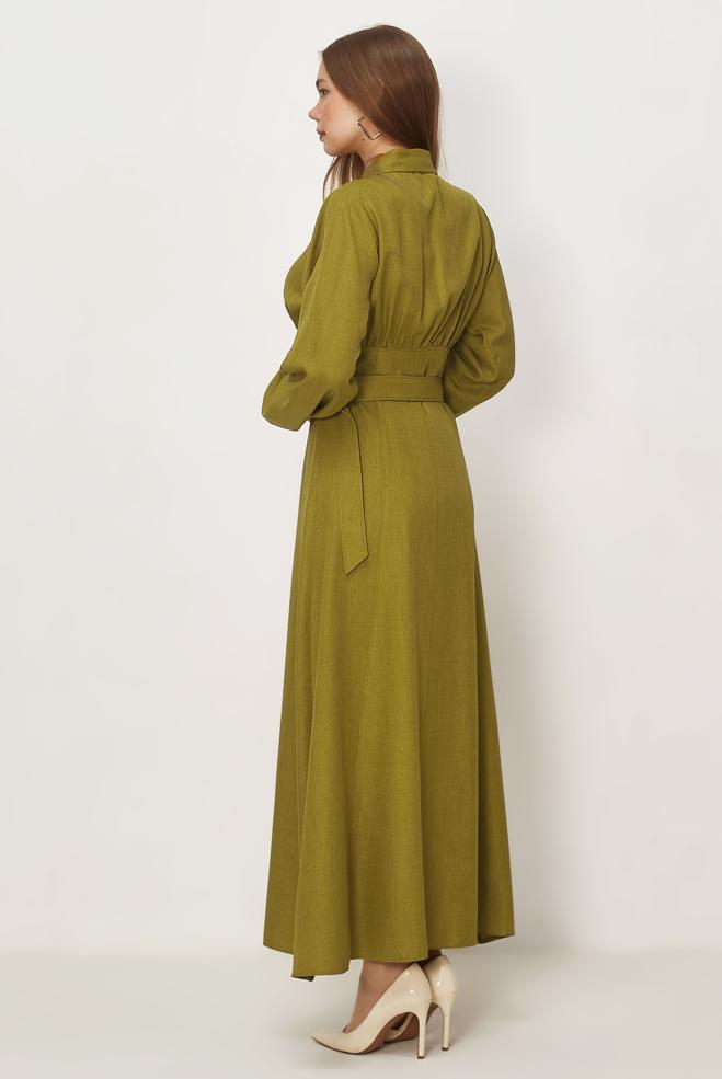 Hijab clothing BEIGE BELTED LINEN TEXTURED DRESS 46324 - ALVİNA