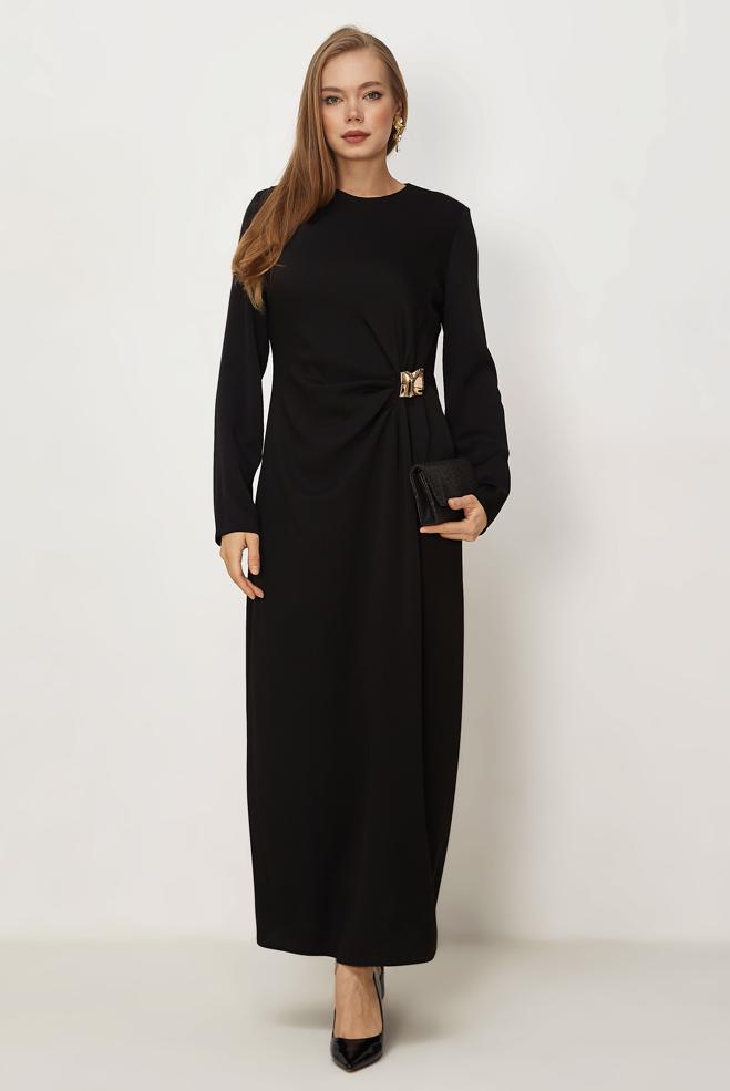 Hijab-Kleidung SCHWARZ SATIN-KREPPKLEID 46325 - ALVİNA