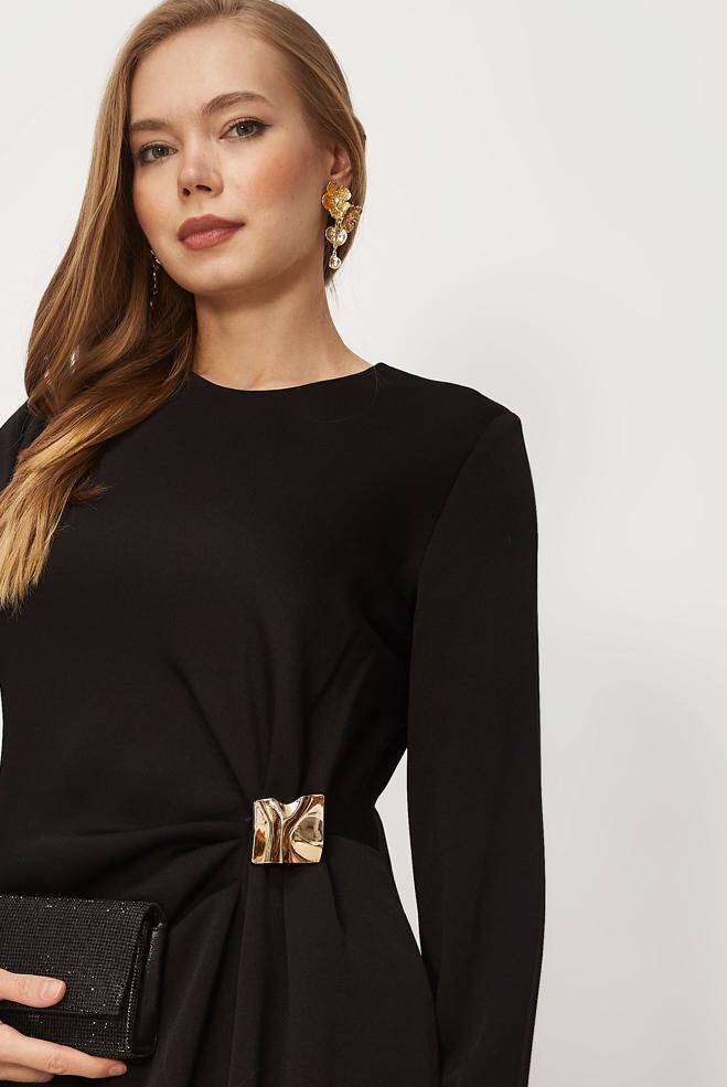 Hijab-Kleidung SCHWARZ SATIN-KREPPKLEID 46325 - ALVİNA