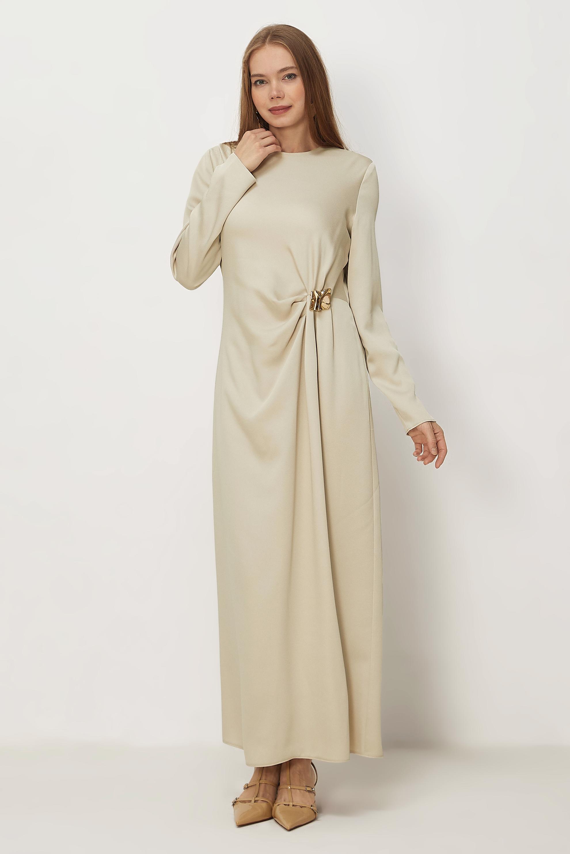 Hijab-Kleidung BEIGE SATIN-KREPPKLEID 46325