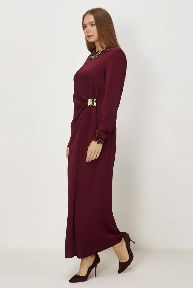 Hijab-Kleidung BURGUND SATIN-KREPPKLEID 46325 - ALVİNA