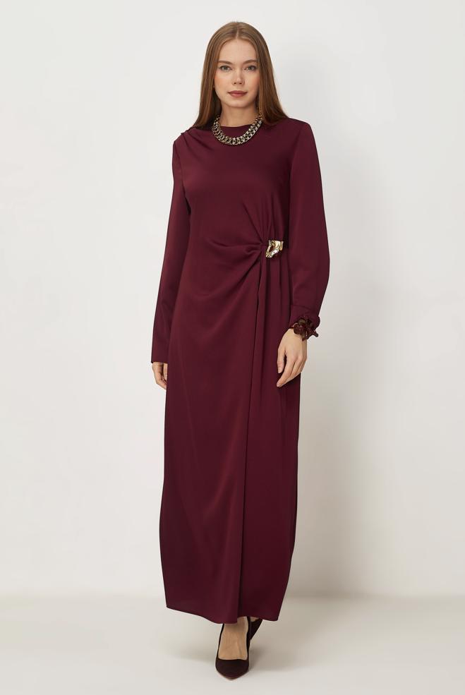 Hijab-Kleidung BURGUND SATIN-KREPPKLEID 46325 - ALVİNA
