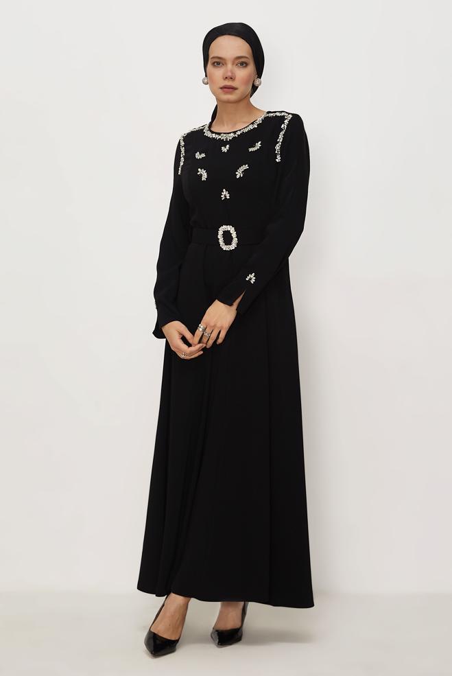 Hijab clothing BLACK BELTED GEM DETAILED DRESS 46330 - ALVİNA
