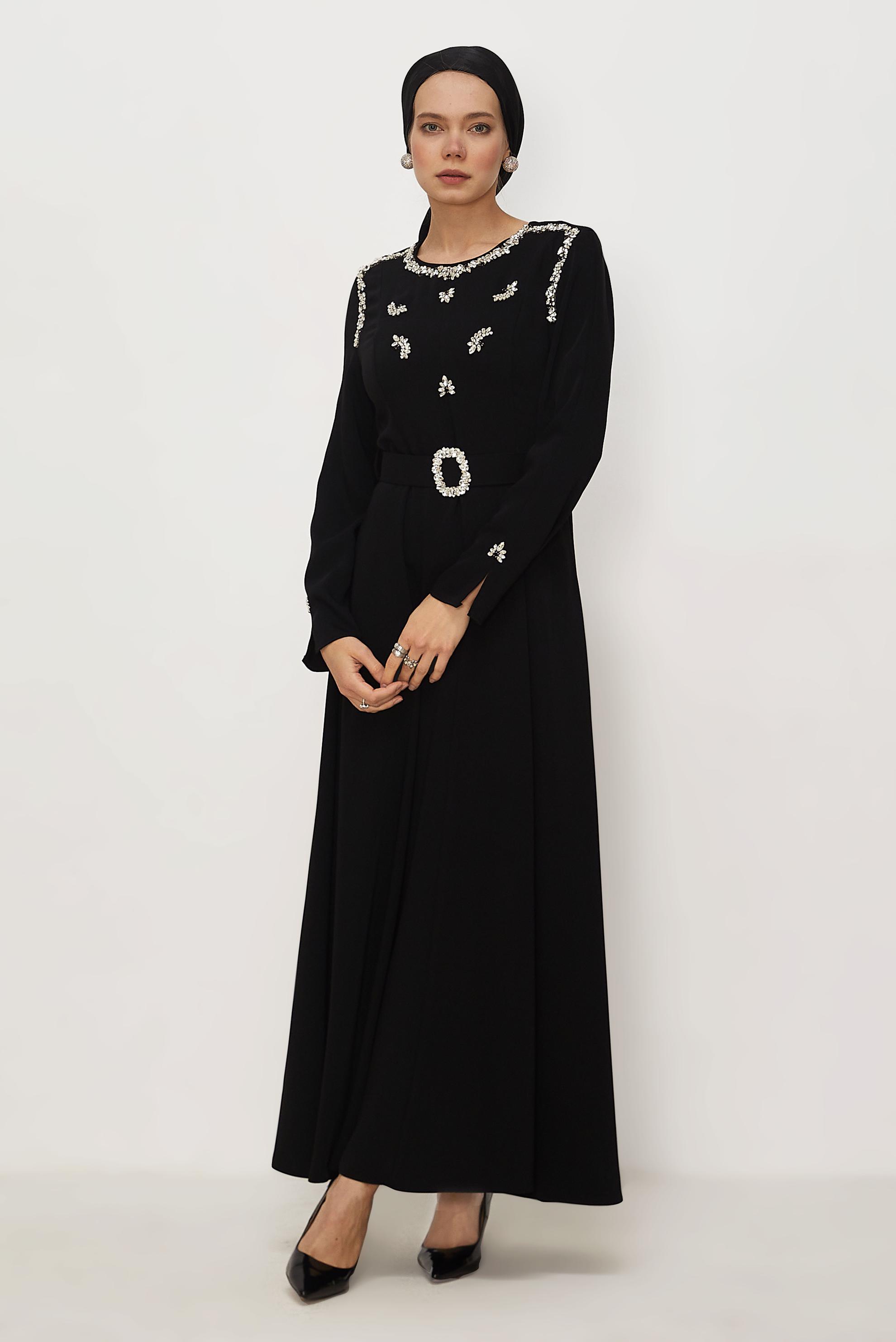 Hijab clothing BLACK BELTED GEM DETAILED DRESS 46330
