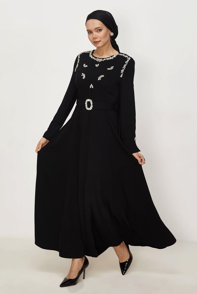 Hijab clothing BLACK BELTED GEM DETAILED DRESS 46330 - ALVİNA