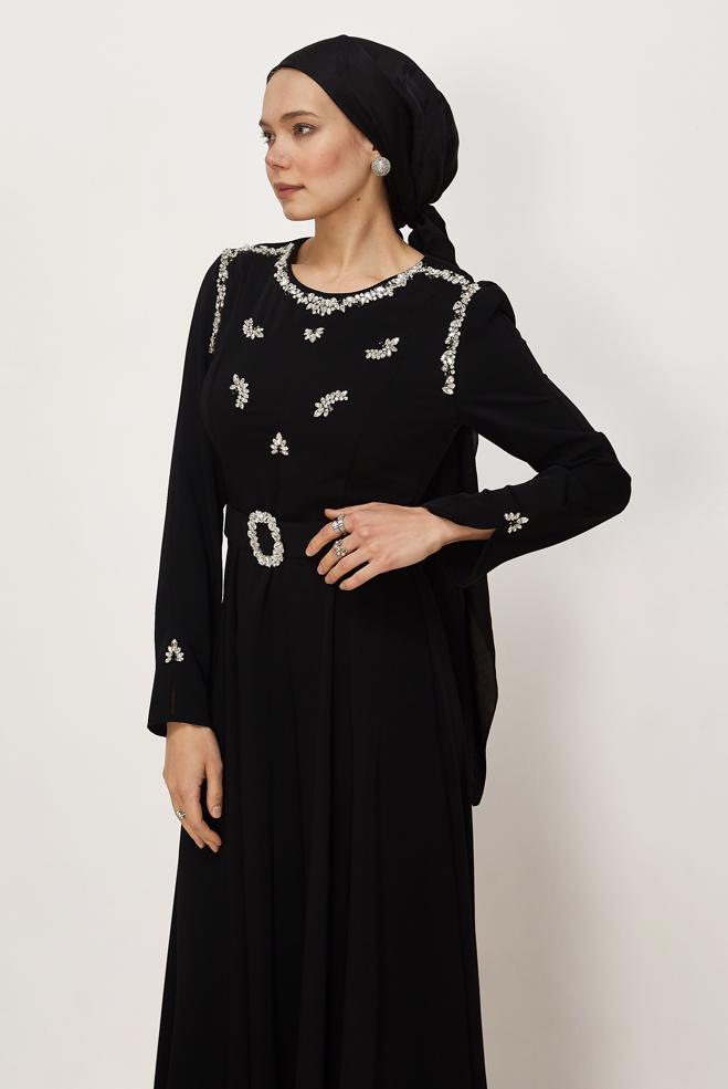 Hijab clothing BLACK BELTED GEM DETAILED DRESS 46330 - ALVİNA