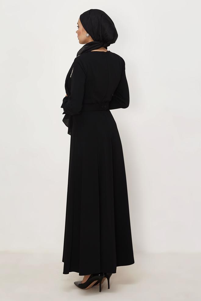 Hijab clothing BLACK BELTED GEM DETAILED DRESS 46330 - ALVİNA