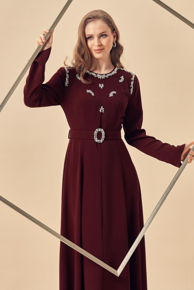 Hijab clothing BEIGE BELTED GEM DETAILED DRESS 46330 - ALVİNA