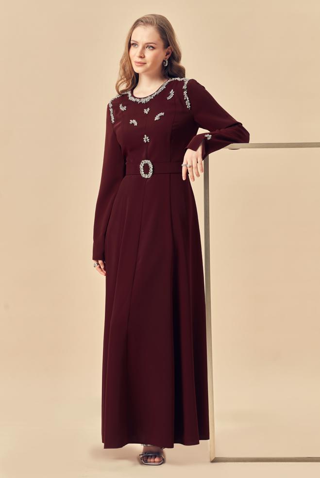 Hijab clothing BEIGE BELTED GEM DETAILED DRESS 46330 - ALVİNA