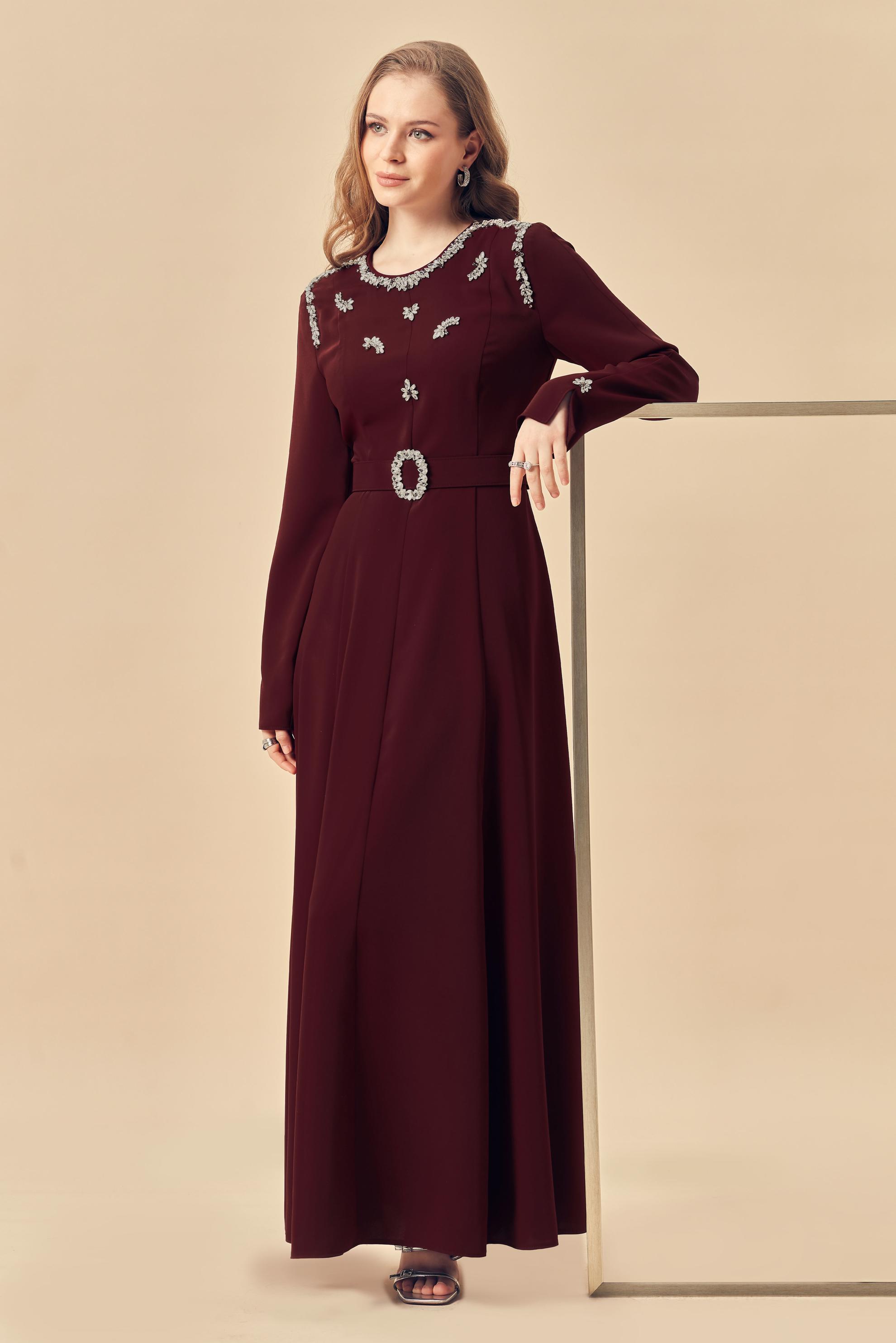 Hijab clothing BEIGE BELTED GEM DETAILED DRESS 46330