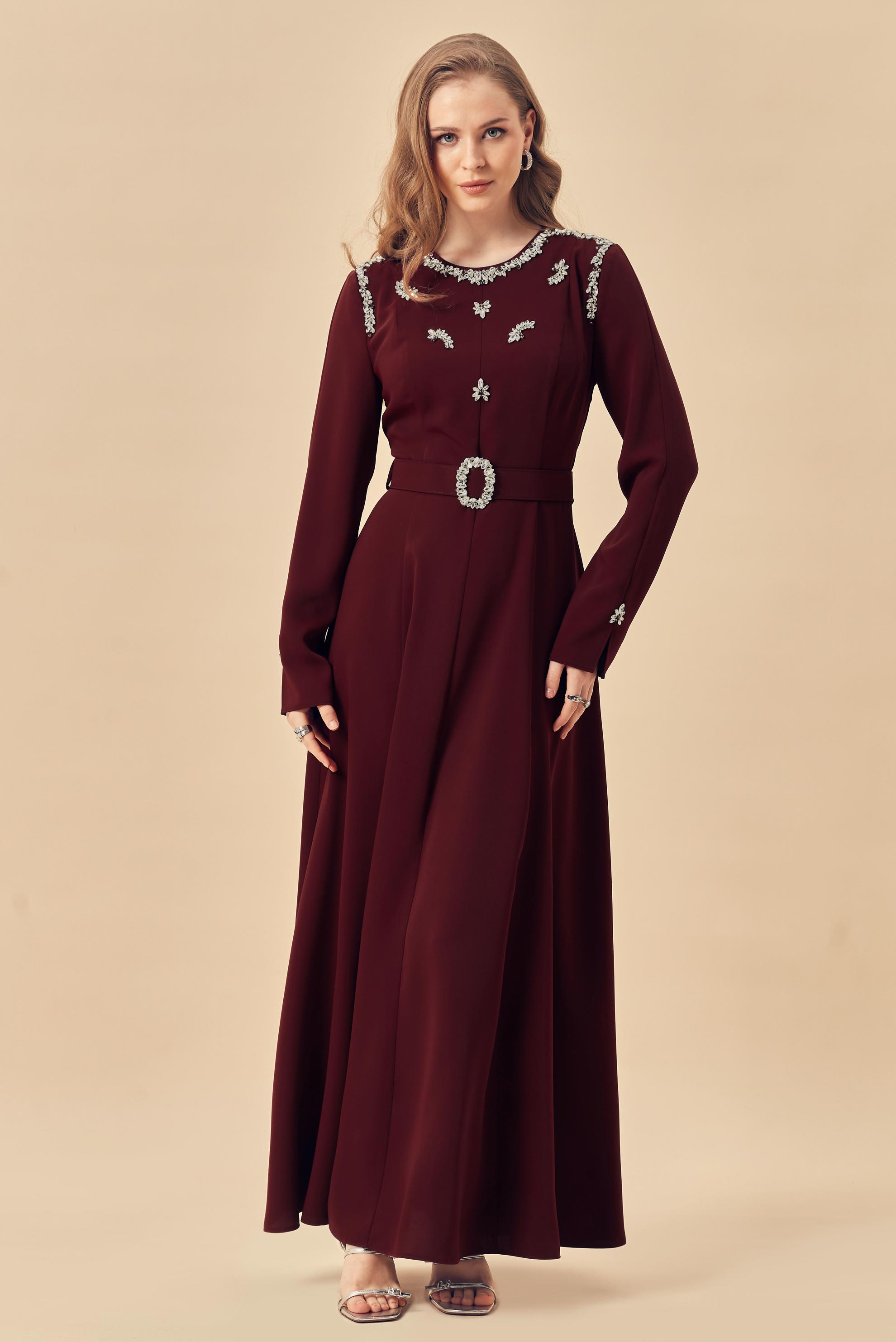 Hijab clothing BEIGE BELTED GEM DETAILED DRESS 46330
