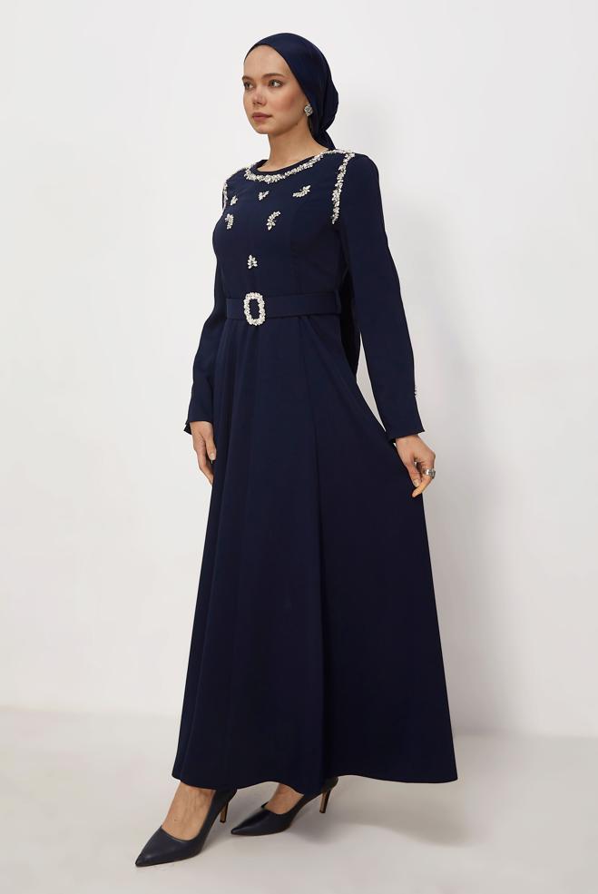 Hijab clothing NAVY BLUE BELTED GEM DETAILED DRESS 46330 - ALVİNA