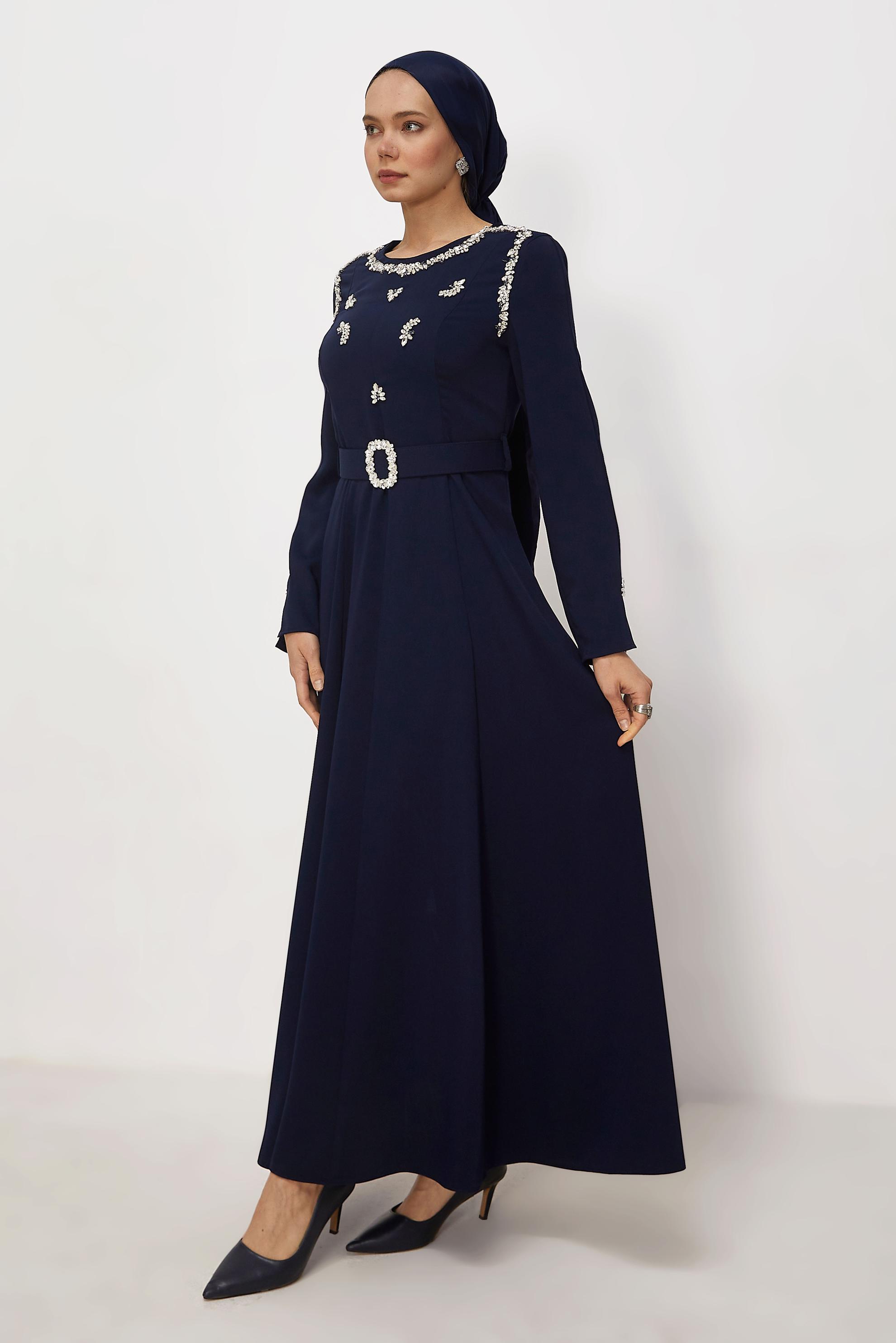 Hijab clothing NAVY BLUE BELTED GEM DETAILED DRESS 46330