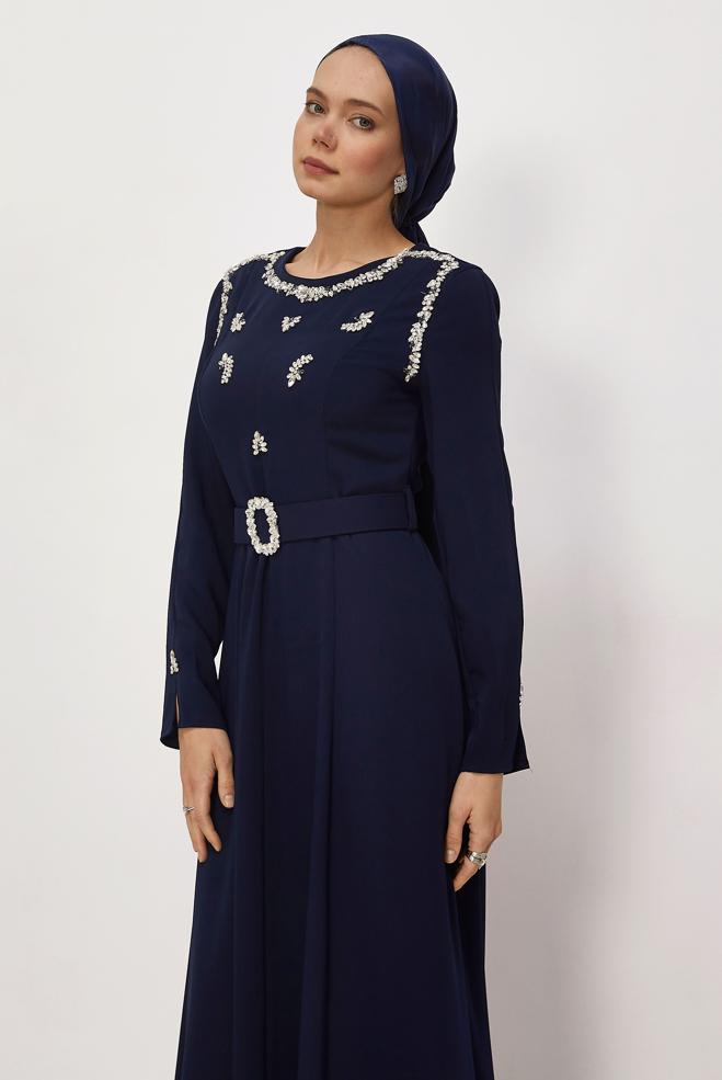 Hijab clothing NAVY BLUE BELTED GEM DETAILED DRESS 46330 - ALVİNA