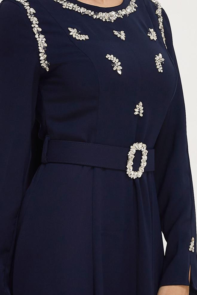 Hijab clothing NAVY BLUE BELTED GEM DETAILED DRESS 46330 - ALVİNA