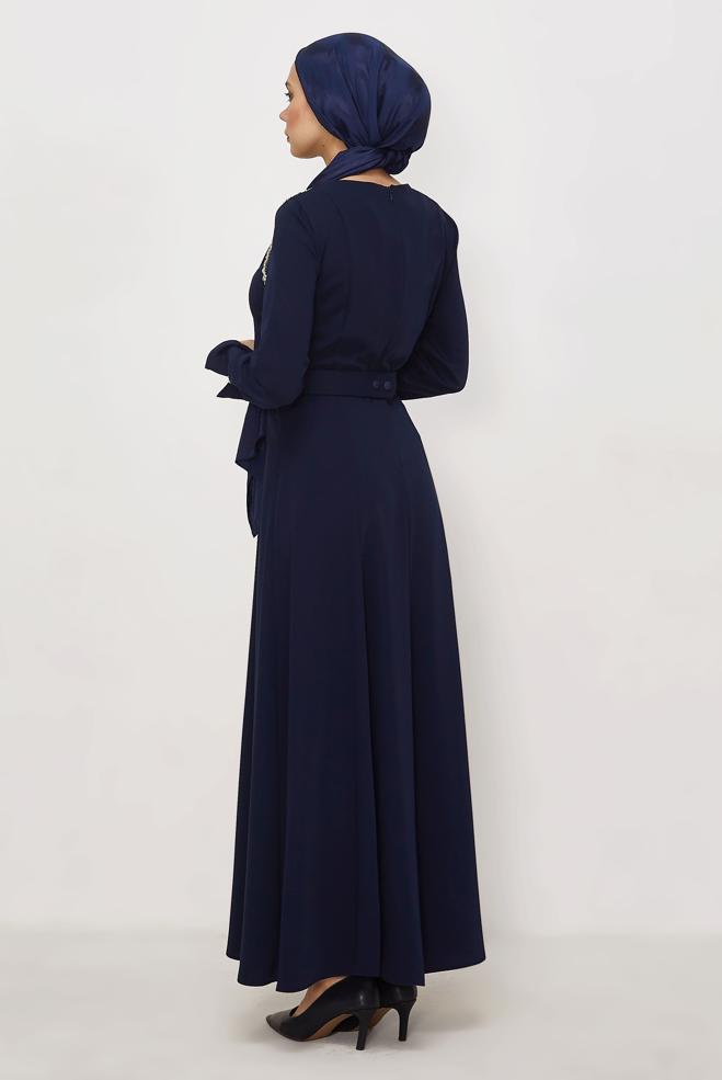 Hijab clothing NAVY BLUE BELTED GEM DETAILED DRESS 46330 - ALVİNA