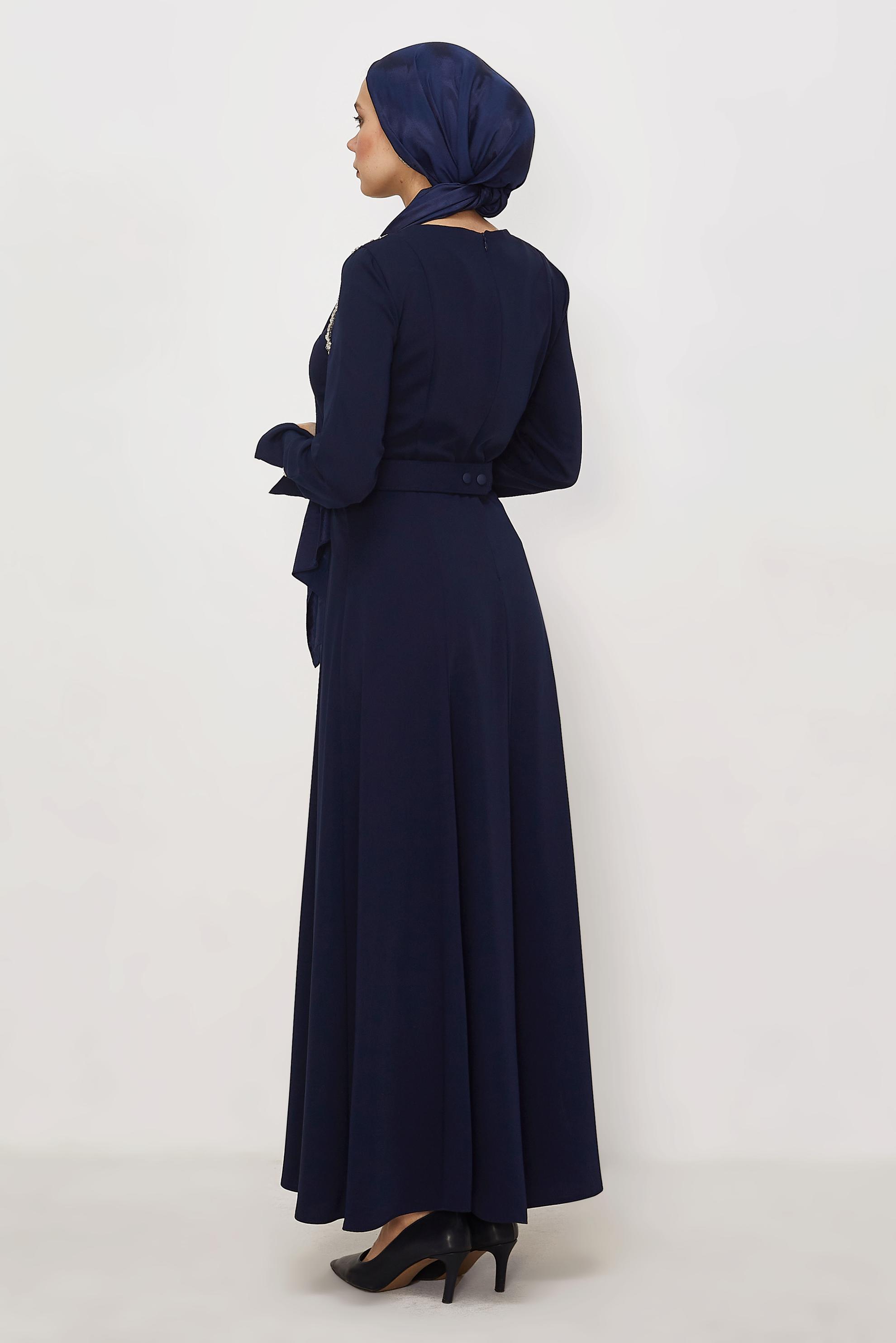 Hijab clothing NAVY BLUE BELTED GEM DETAILED DRESS 46330