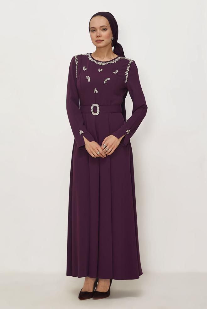 Hijab clothing DAMSON BELTED GEM DETAILED DRESS 46330 - ALVİNA