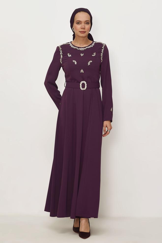 Hijab clothing DAMSON BELTED GEM DETAILED DRESS 46330 - ALVİNA