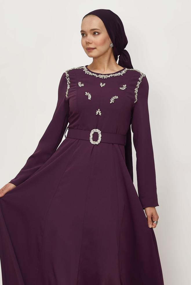 Hijab clothing DAMSON BELTED GEM DETAILED DRESS 46330 - ALVİNA