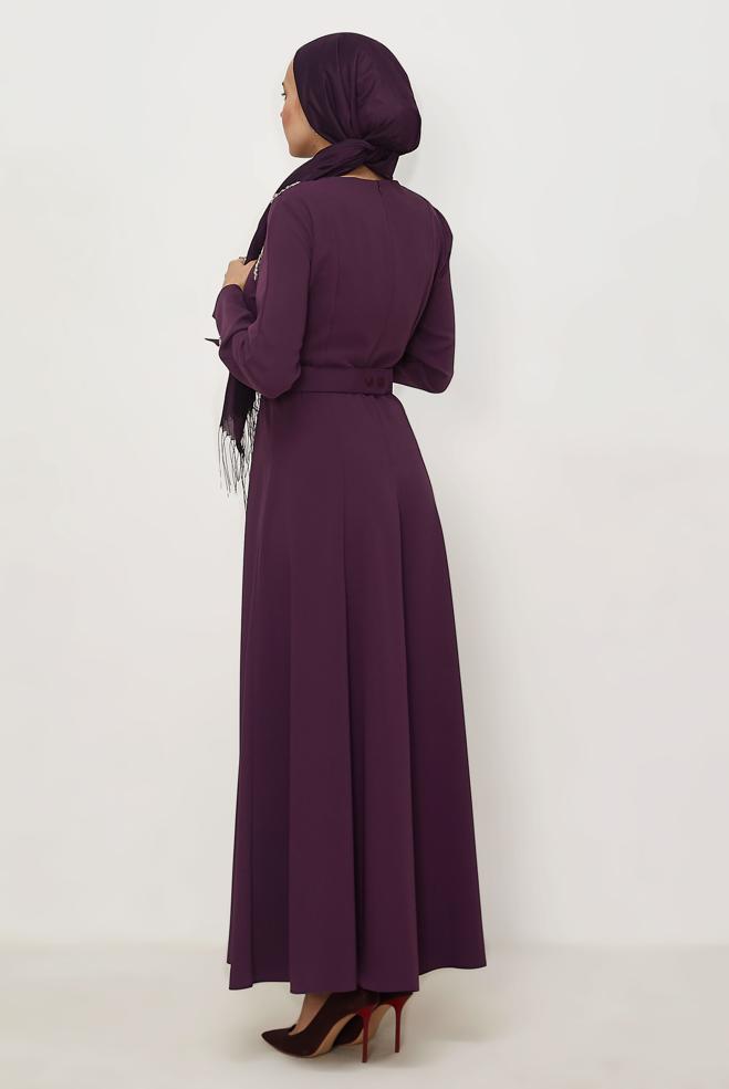 Hijab clothing DAMSON BELTED GEM DETAILED DRESS 46330 - ALVİNA