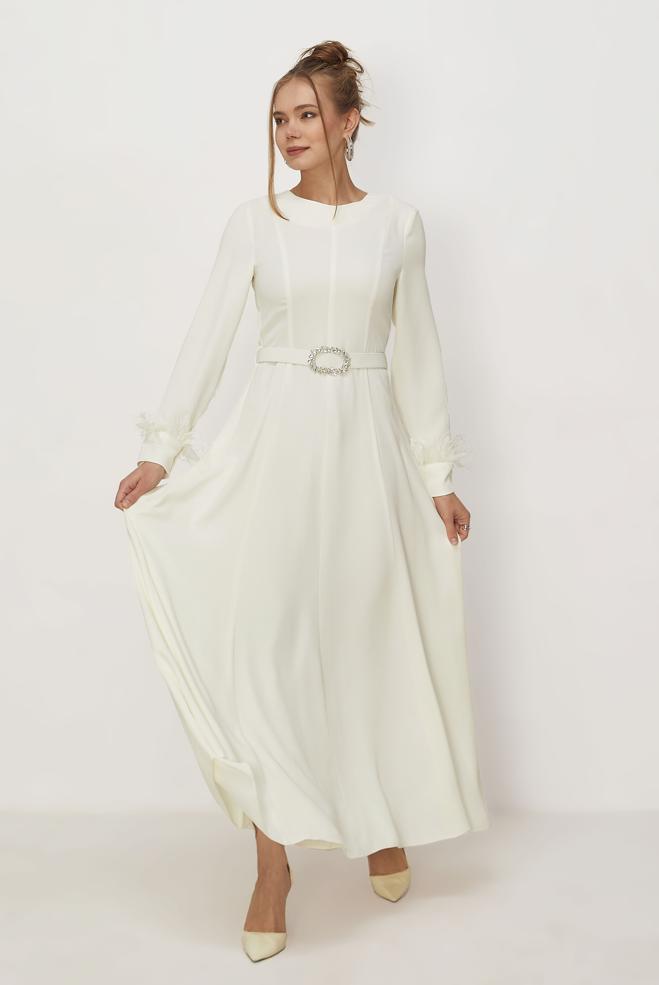 Hijab clothing WHITE BELTED FEATHER DETAILED DRESS 46369 - ALVİNA