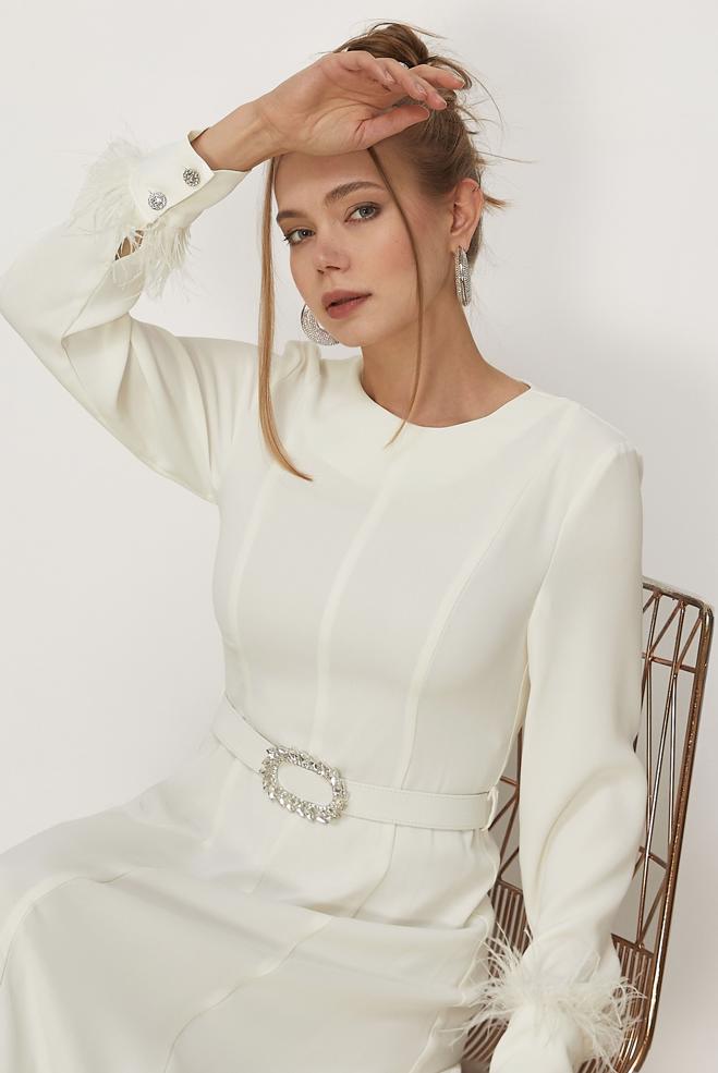 Hijab clothing WHITE BELTED FEATHER DETAILED DRESS 46369 - ALVİNA