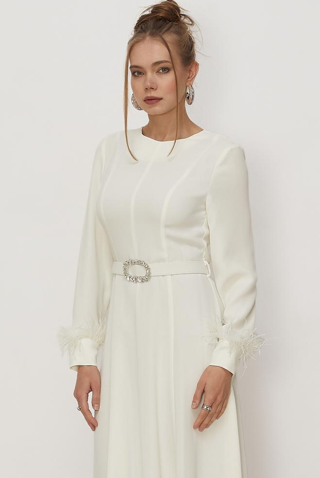 Hijab clothing WHITE BELTED FEATHER DETAILED DRESS 46369 - ALVİNA