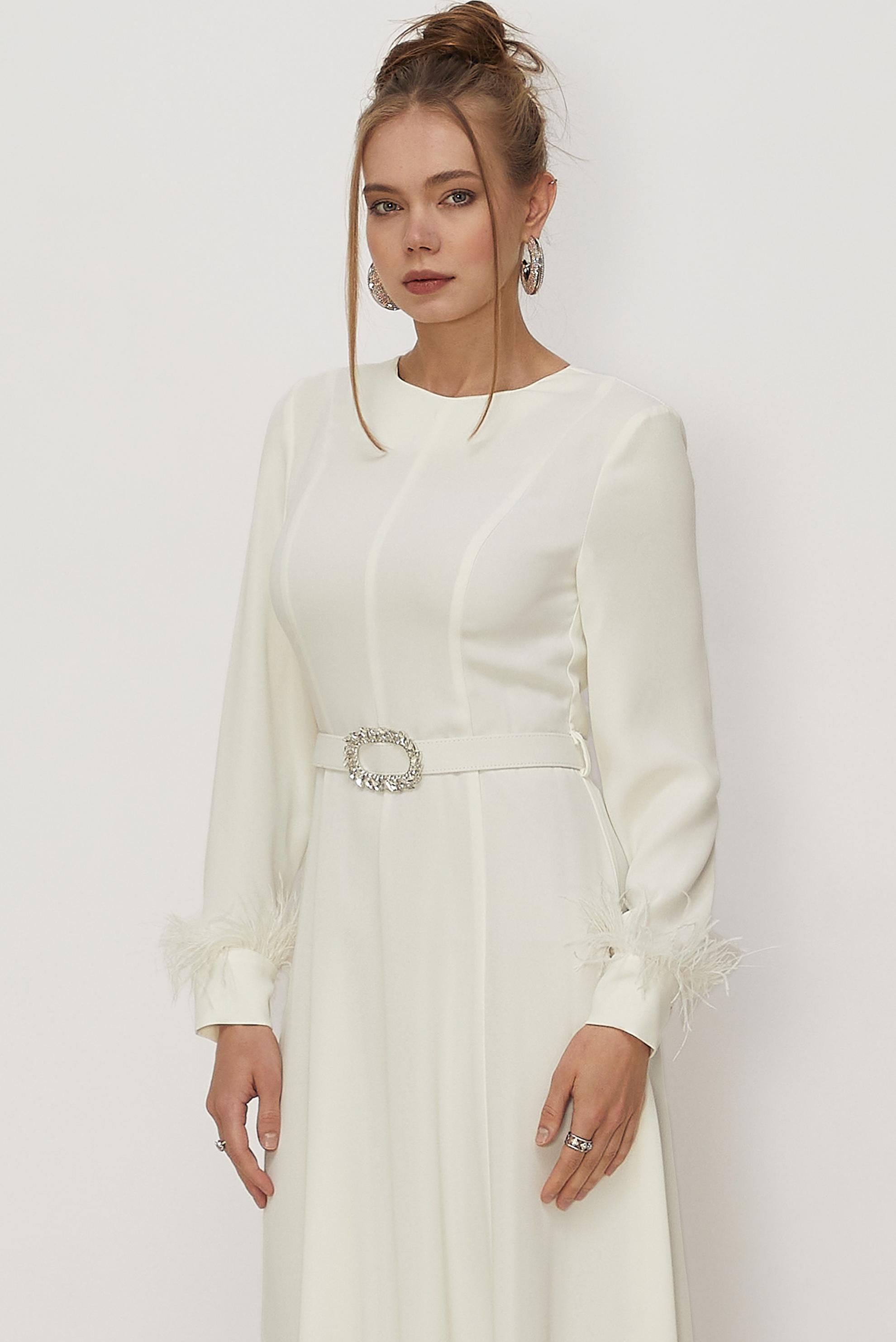 Hijab clothing WHITE BELTED FEATHER DETAILED DRESS 46369