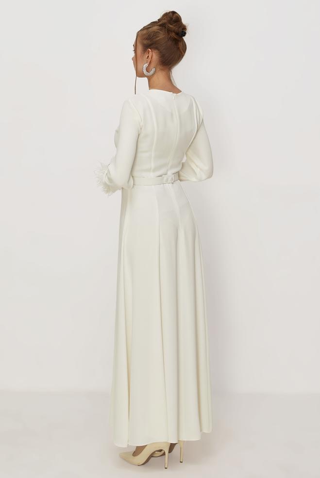 Hijab clothing WHITE BELTED FEATHER DETAILED DRESS 46369 - ALVİNA