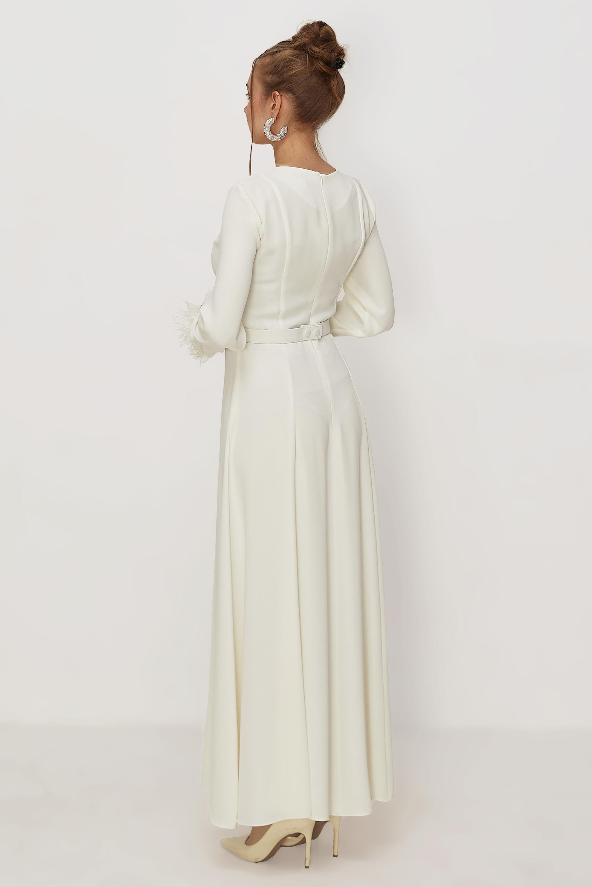 Hijab clothing WHITE BELTED FEATHER DETAILED DRESS 46369