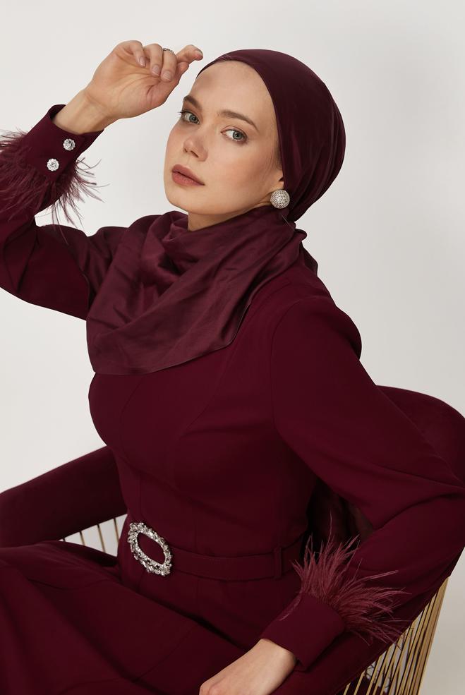 Hijab clothing BEIGE BELTED FEATHER DETAILED DRESS 46369 - ALVİNA