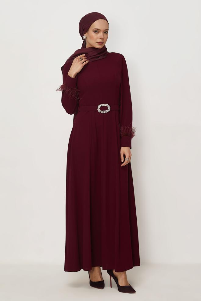 Hijab clothing BEIGE BELTED FEATHER DETAILED DRESS 46369 - ALVİNA