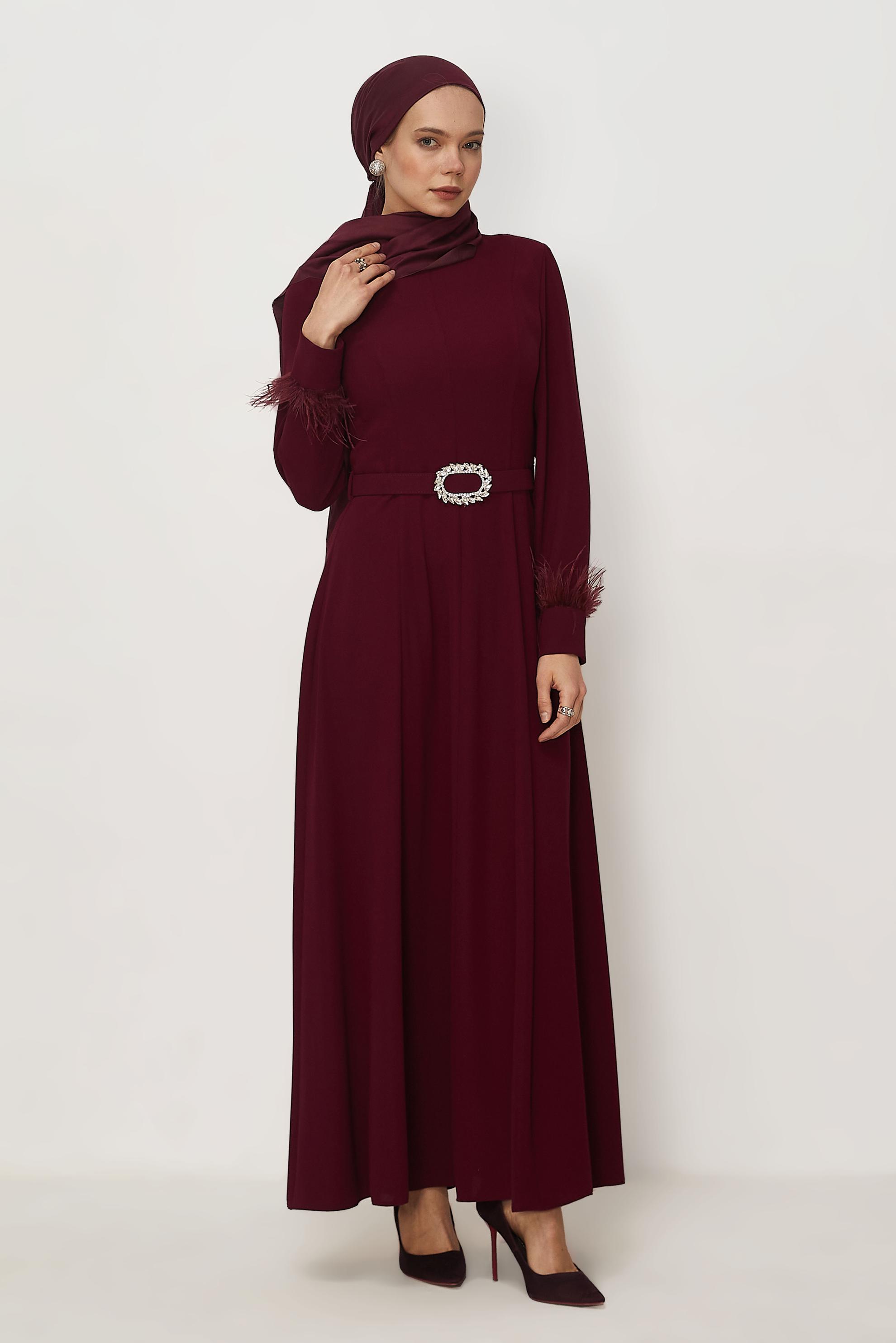 Hijab clothing BEIGE BELTED FEATHER DETAILED DRESS 46369